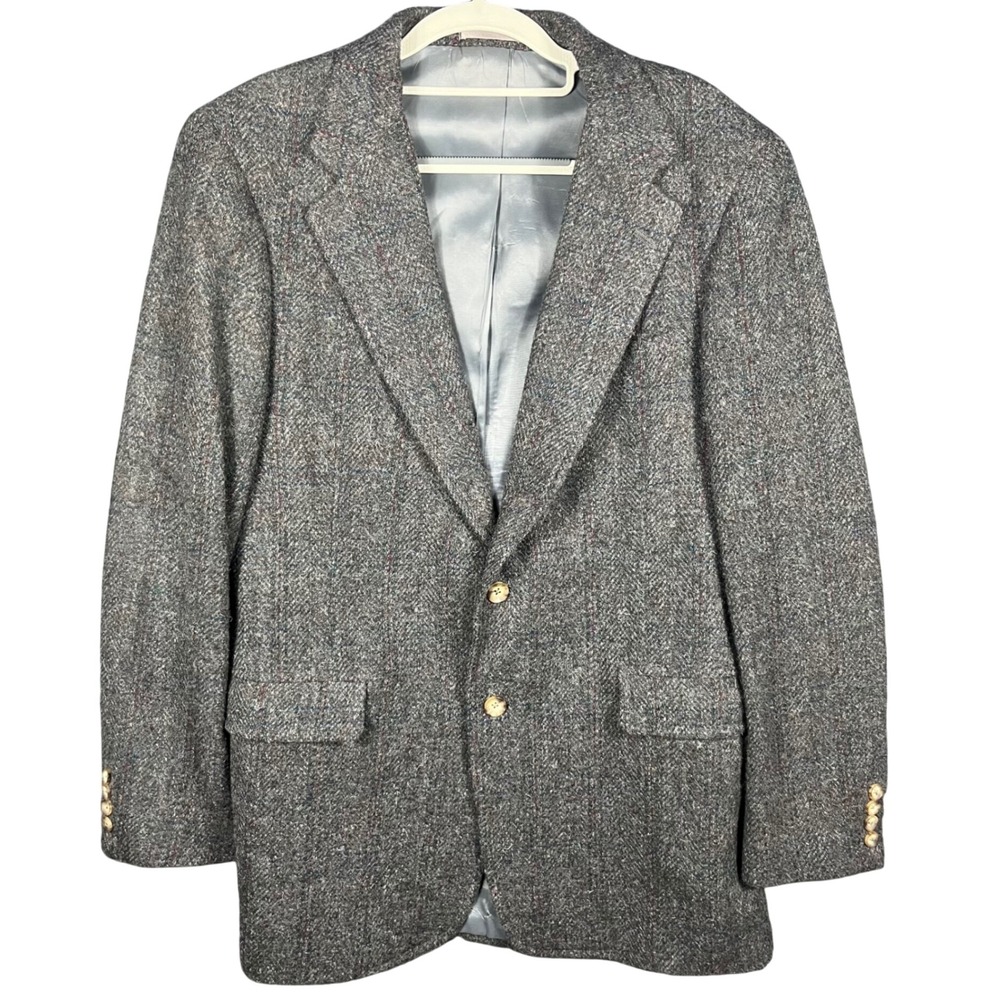 Vintage Peter Richard Blazer Mens 40 Grey Wool Tweed Herringbone Windowpane